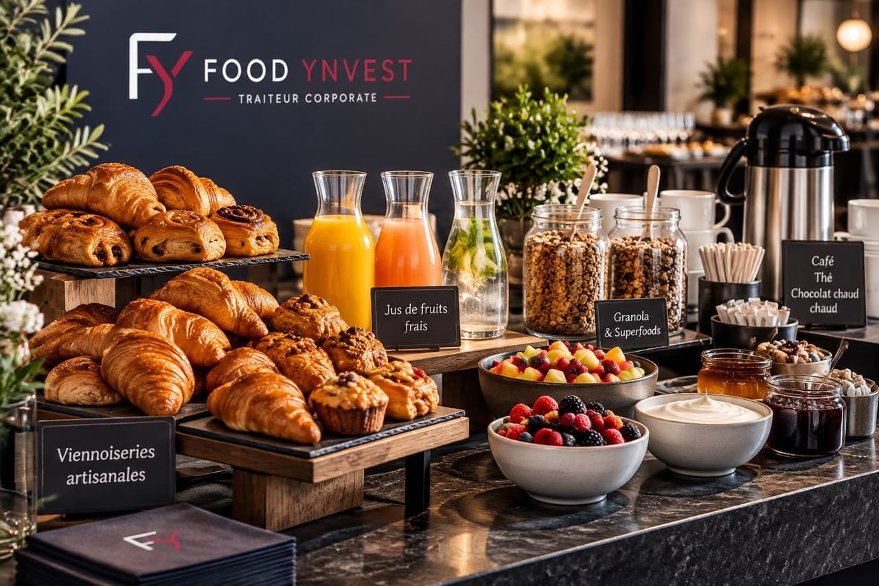Buffet petit-déjeuner d'entreprise : viennoiseries, fruits frais, jus et granola