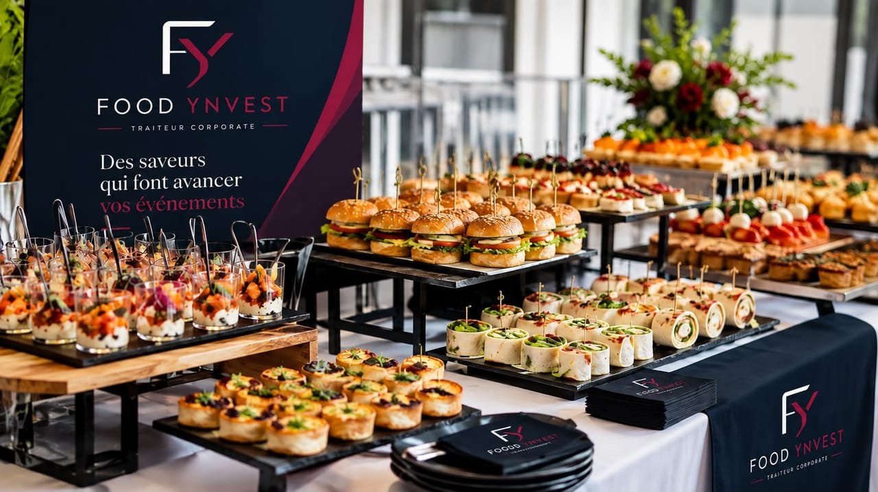 Buffet traiteur d'entreprise avec mini-burgers, verrines et bouchées salées