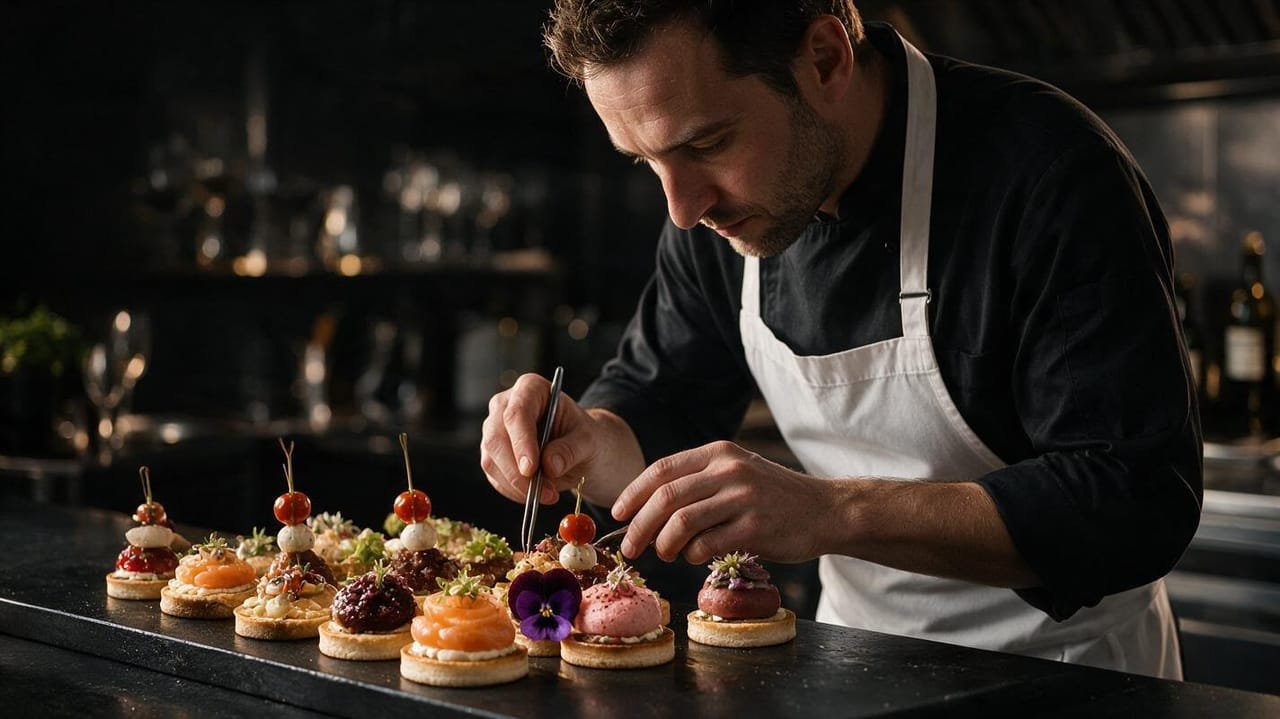 Chef dressant à la pince des bouchées gastronomiques